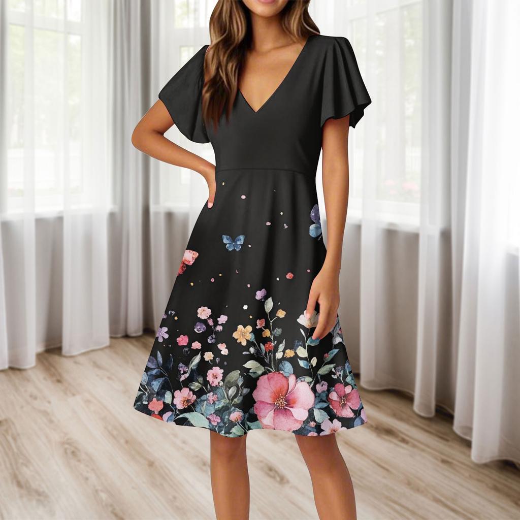Women's Dress Flared Sleeve Short Sleeve Casual Floral V-neck Dress