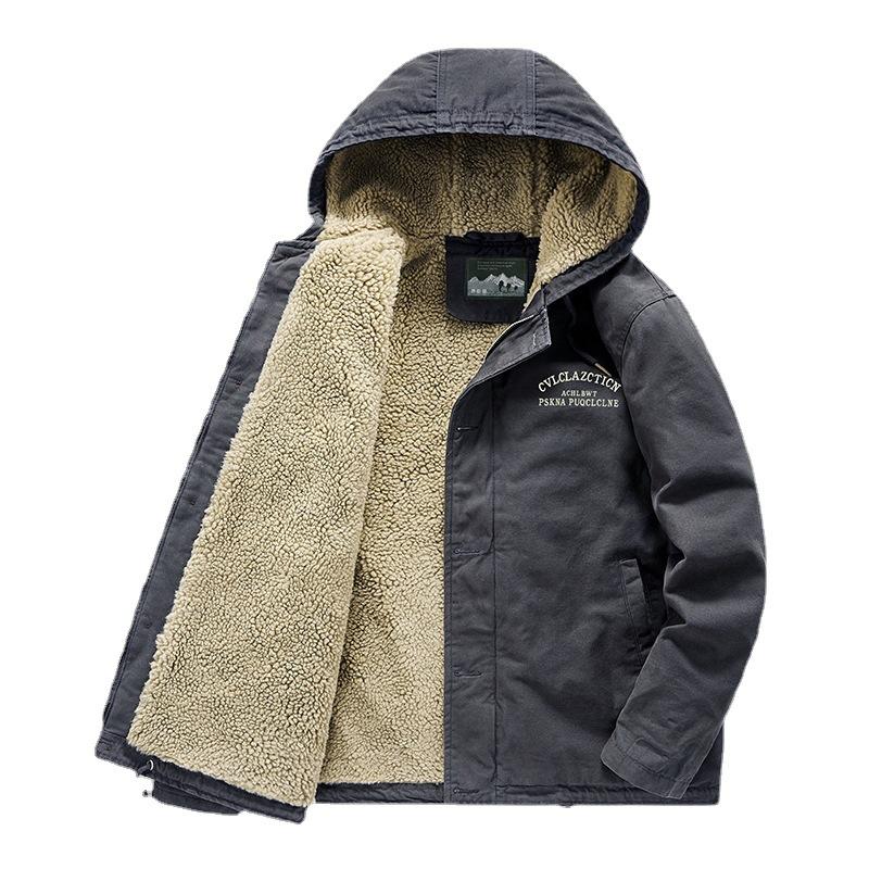Winter Cotton-padded Men's Casual Lamb Wool Cotton-padded Jacket Large Size Velvet Middle-aged and Young People Hooded Cotton-padded Clothes Retro