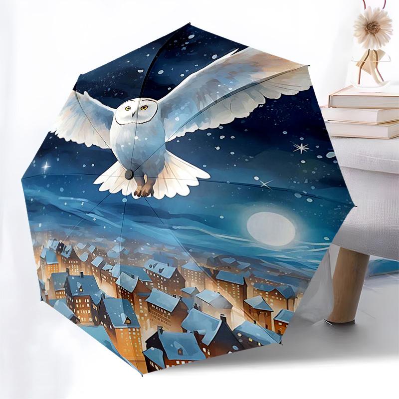

1pc Snowy Owl Automatic Opening/Closing Umbrella, Portable Tri-Fold Design with Iron Frame, Perfect for Outdoor Use, Festive Gifts, Travel, Daily Use,