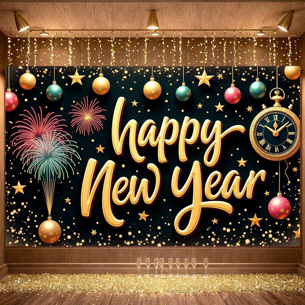 Happy New Year Banner Firework Design New Year Banner New Year's Eve Banner Colorful Ornament For Party Backdrop
