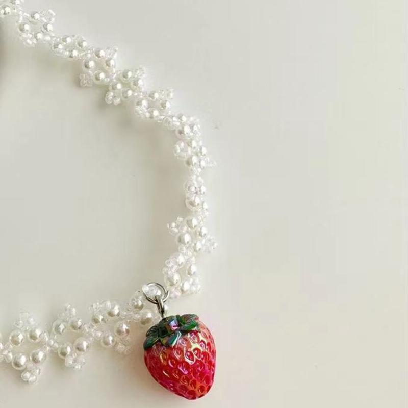 Fashion Cherry Strawberry Pendant Necklace Sweet Double Layer Pearl Clavicle Chain Choker Necklace Jewelry Neck Chain