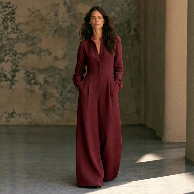 Womens V-Neck Long Sleeve Linen Jumpsuit Loose Wide Leg Casual Overall 2026 Fall Collection