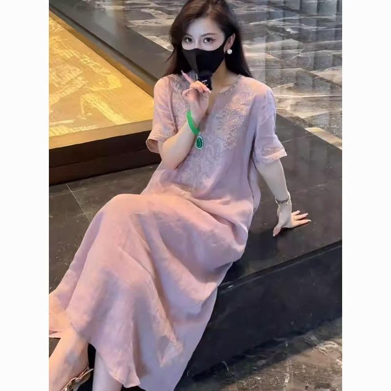 [Cotton and linen four colors optional] Summer loose temperament long skirt new Chinese heavy industry embroidery dress women