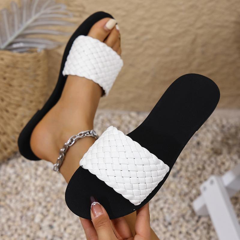 Large Size Flat Bottom Slippers Women's Casual Outer Wear Fashion Woven One Word Mops