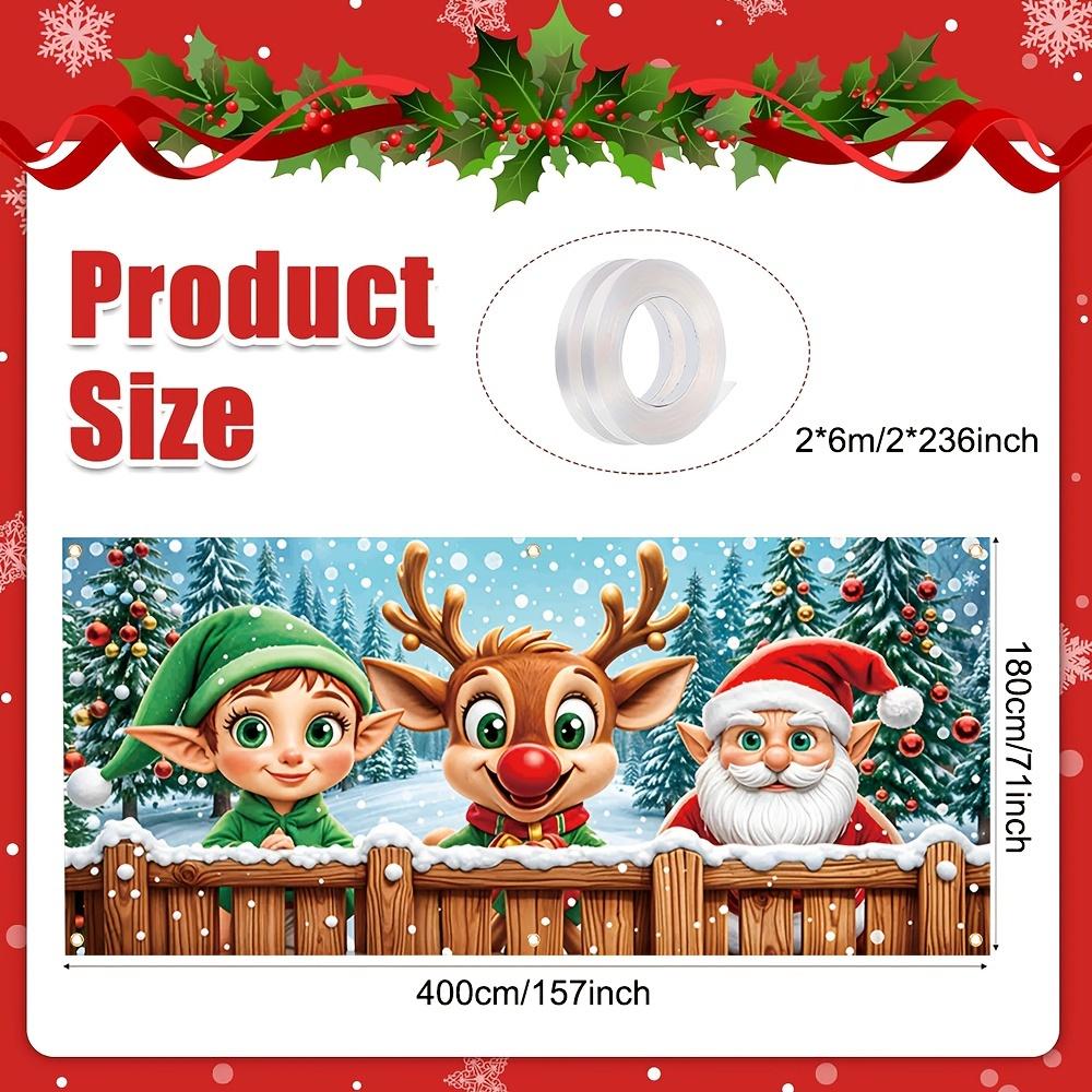 A Christmas Garage Door Decoration Banner for a Holiday - Santa Claus, Reindeer, and Elves In Fence Design