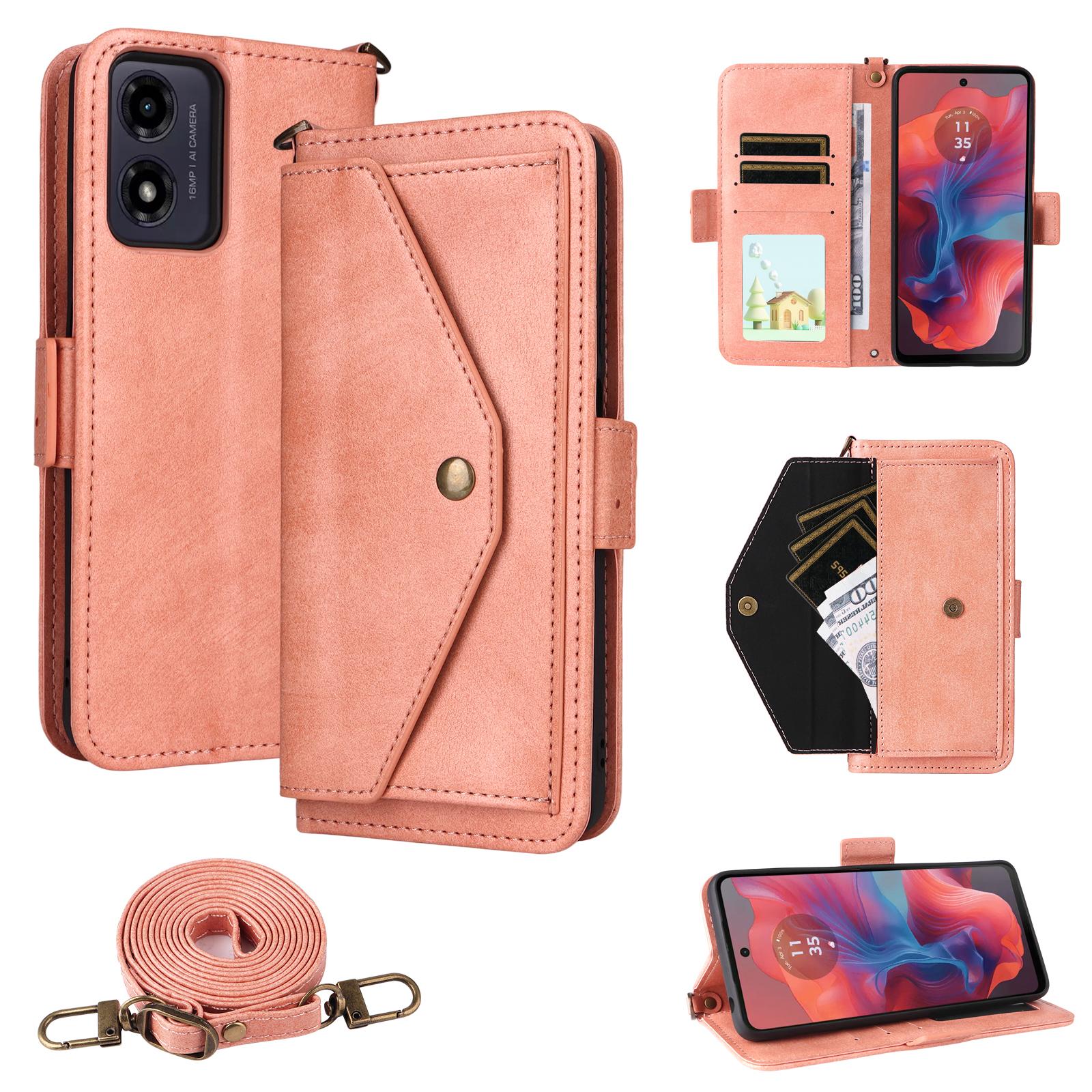 

Leather Case For Motorola Moto G04s 4G/G04 4G/G24 4G/E14 4G Magnetic Closure Wallet Stand Phone Cover with Crossbody Strap Pink
