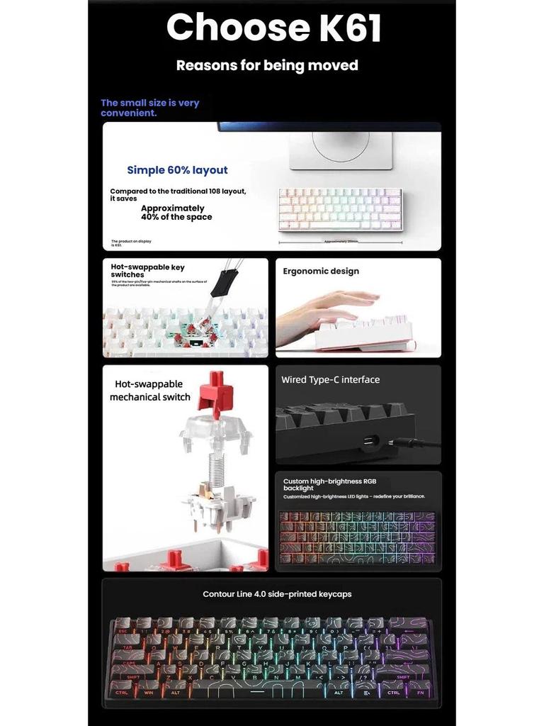 K61 Compact RGB Mechanical Keyboard - 61-Key Portable for Laptop & Office Gaming with Blue, Brown, Red Switch Options