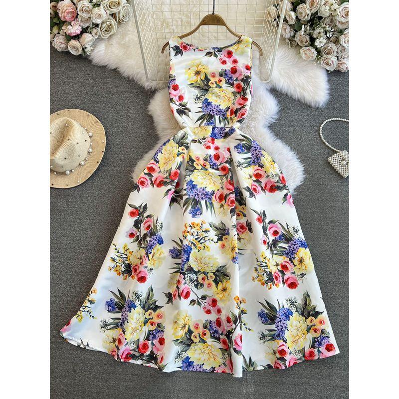 

Accessible Luxury Ladies round Neck A- line Three-Dimensional Dress Dress Yellow flowers on white background 2XL