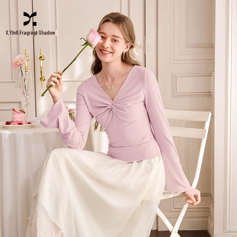 Xiangying Women s French V-Neck Long Sleeve Knitted Top with Bow Twist XL