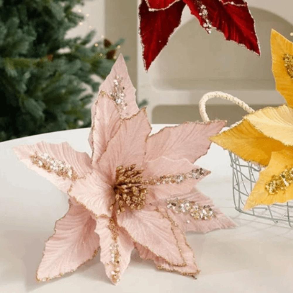 26cm Christmas Glitter Velvet Flower Large Sequins Artificial Poinsettia Flower Simulation DIY Christmas Tree Ornaments