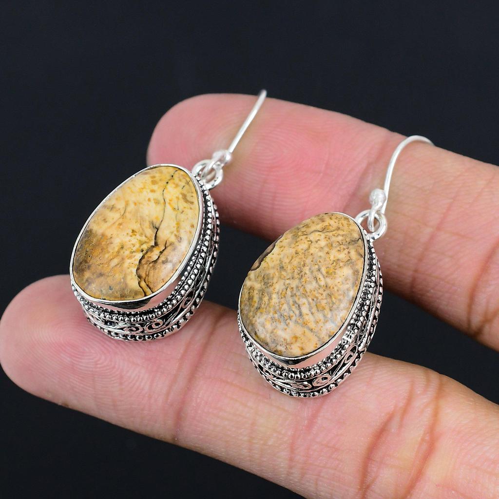 925 Sterling Silver Oval Natural Picture Jasper Ethnic Vintage Dangling Earrings