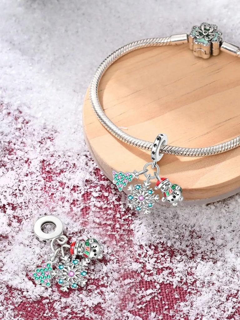 Breloques Originales Plaqué Cuivre Père Noël Flocons de Neige Perles Convient Bracelet Bijoux Femme Cadeau