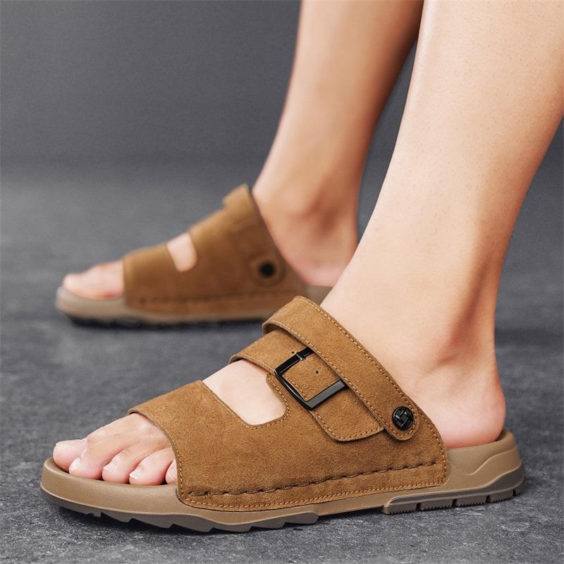 Fashion Beach Male Comfortable Slippers All-match Flats Men's Casual Walking Shoe 2025 New Cow Down Sandals Beach Mens Slip On Shoes