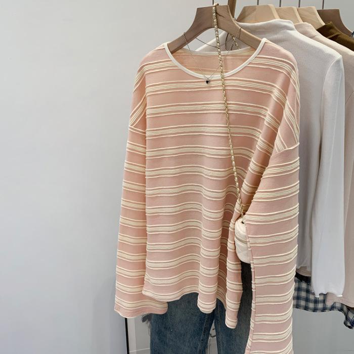 Fashion Casual Crew Neck Striped Contrasting Long Sleeve T-Shirt Women s 2026 Autumn New Lazy Slack Bottom Top S