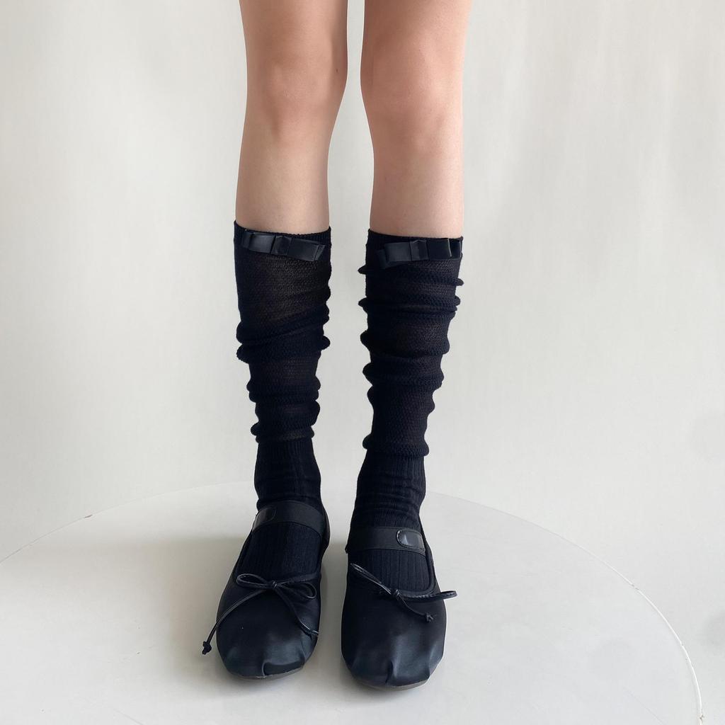 Ruffled Sheer Calf Socks with Heel Ribbons and Bows, Ballet Style, Korean Version.