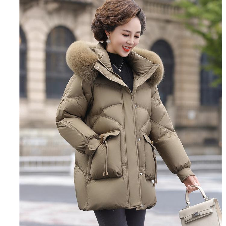 Middle-aged and Elderly Winter Down Jacket for Women Mother Mid-length Clothes for Winter Fox Hair Collar White Duck Down Warm Jacket