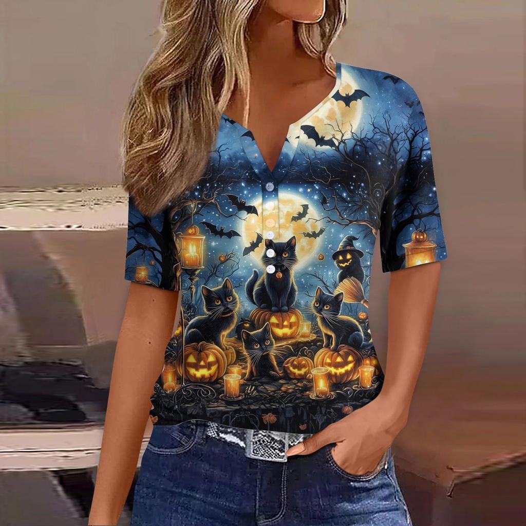 Dames T-skjorte Tee Halloween Trykket Knapp Kortermet Tunika Daglig Helgemote Basic V-hals Vanlig Topp