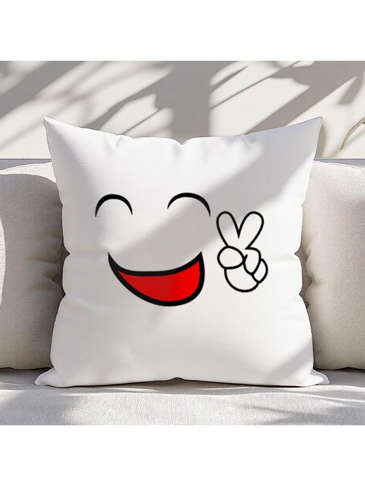 Cute Smiley Face Pillow Case, Peace Sign Cushion Cover, Kawaii Emoji Home Decor for Sofa Bedroom Living Room Gift