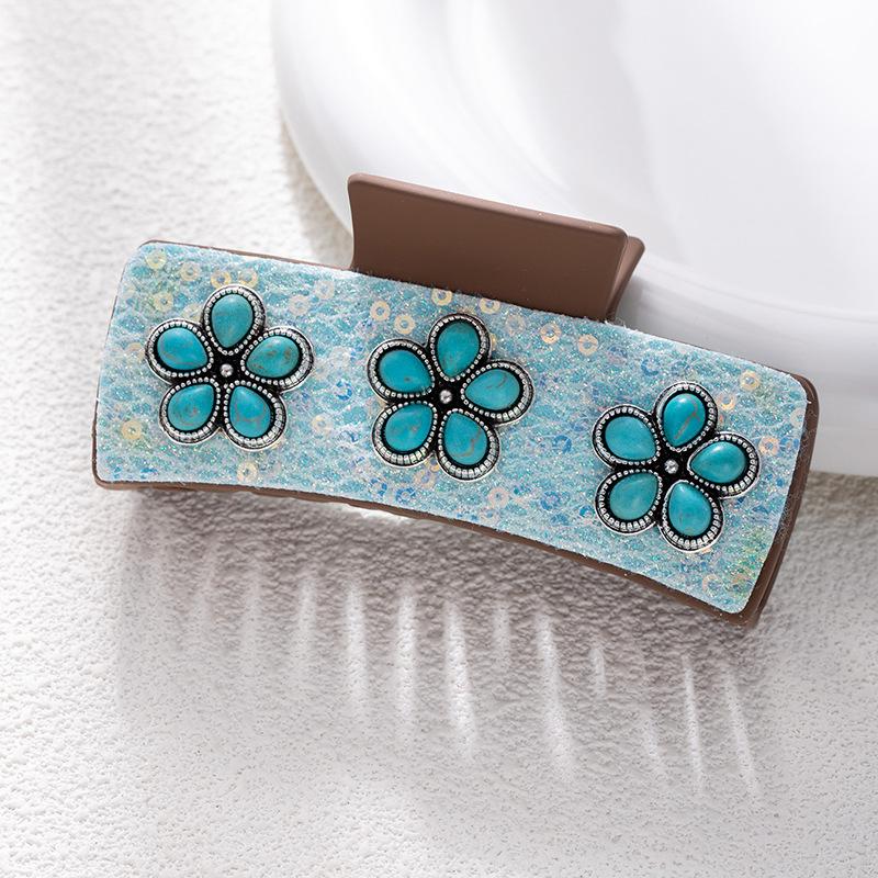 Bohemian Ethnic Style Turquoise Grab Clip Western Style Hairpin Retro Leopard Print Sequined Leather Fashion Disc Hairpin