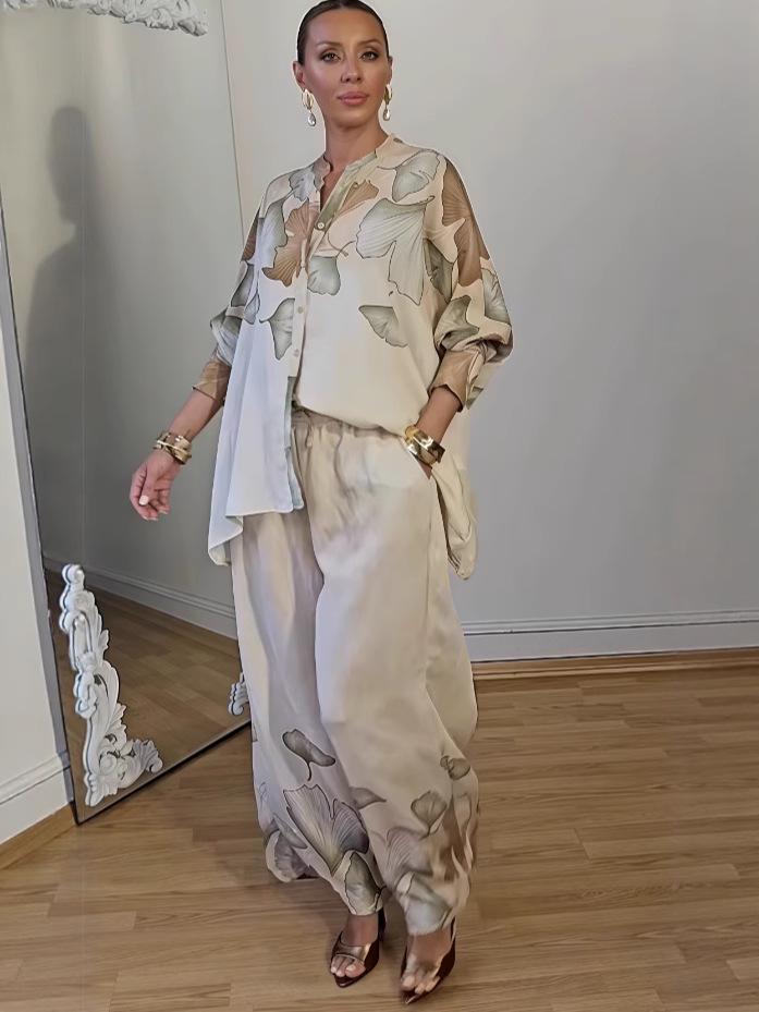 2025 Autumn European & American Fashion Print Top and Wide-Leg Pants Set