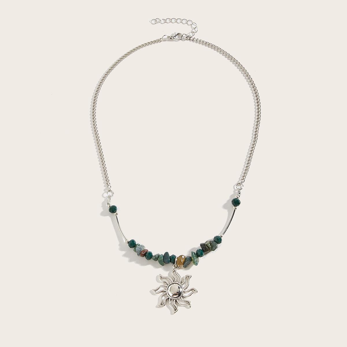 

Богемная цепочка на шею из гальки из натурального камня, ожерелье с кулоном в виде солнца, нишевый темперамент