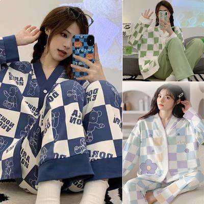 Spring and Autumn Ladies Pajamas Cute Long-Sleeved Purple Grid Can Be Worn Outside The Suit Homewear Long-Sleeved Green Grid