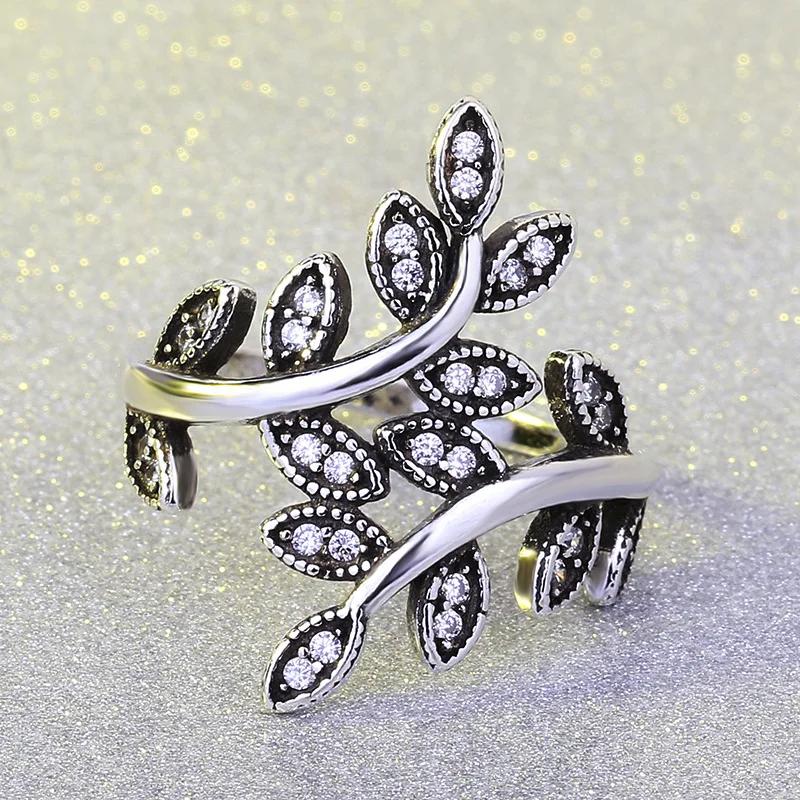 Beautifull Leaf Shape Ring with AAA Cubic Zirconia for Women Aneis Wedding Party Black Vintage Silver Bijoux Full Size