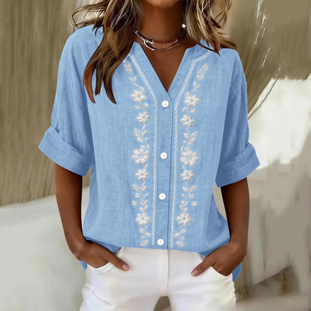 Women's Long Sleeve Button Down Blouse - Color Round Neck with Embroidery, Casual and Daily Wear Top for Women