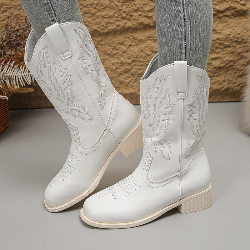 Fashion Autumn Shoes for Women New Embroidered Western Cowboy Boots Women Pointed Toe Thick Heel High Knee Boots Woman Botas De Mujer