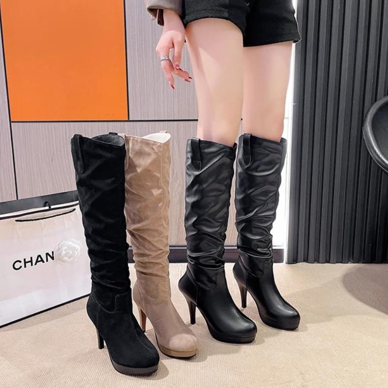 10CM Knee-High Boots Women Pointed Toe Black Zipper Autumn Winter Plush High Heels Female Shiny Pleated High Heel Botas