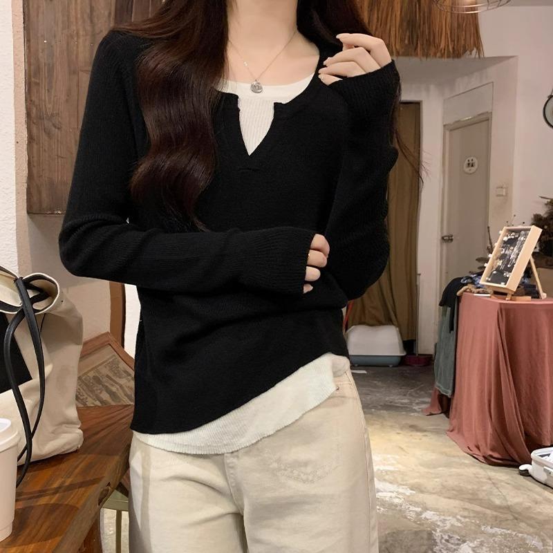 Pure Desire Wind Blue Lazy Knitted Bottoming Shirt Women's Spring and Autumn New Fake Two-piece Splicing Loose and Thin Inner