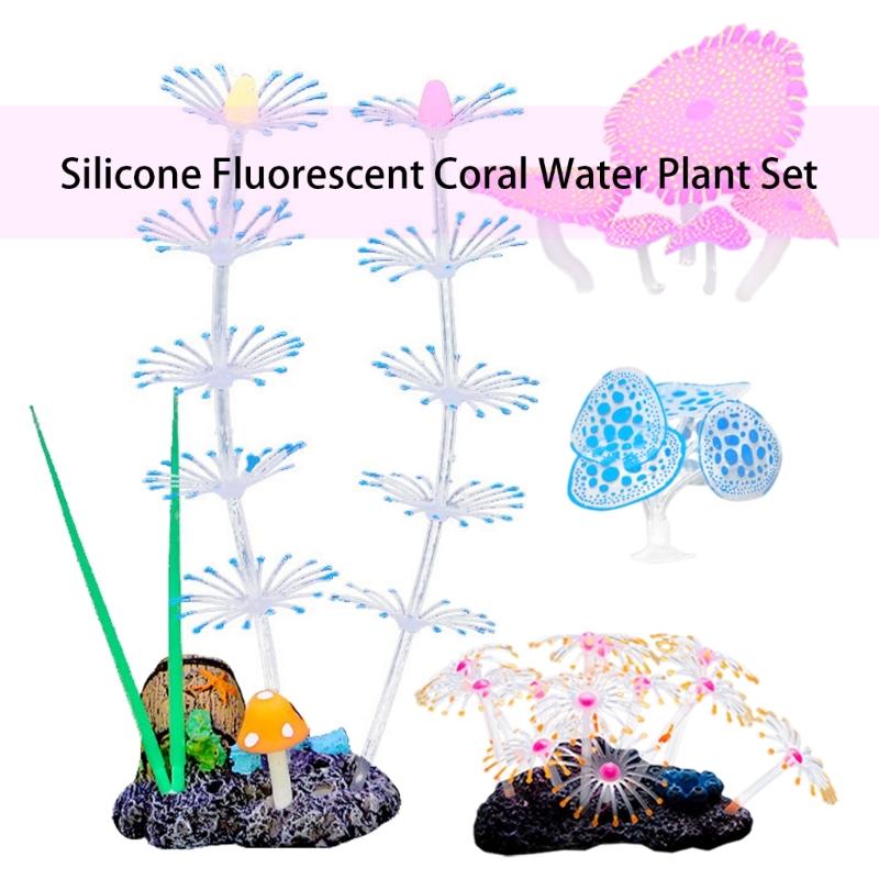 Set aus 4 fluoreszierenden Korallenmoos-Aquariendekorationen in leuchtenden Farben mit lebensechten Details, sicheren und farbintensiven Landschaften