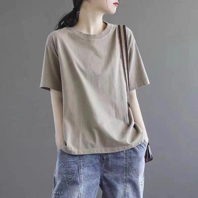 

Foreign Trade Brand Women s Clothing Pure Cotton Round Neck Versatile Printed T-Shirt Women s Fashion Short-Sleeve Loose Top Summer Khaki (Solid Color) M (Recommended Within 57.5kg