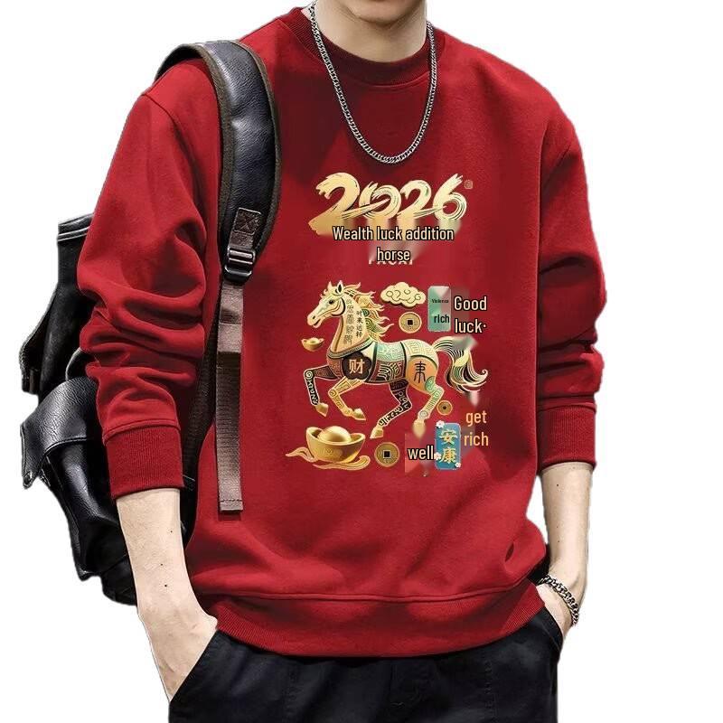 Men's Trendy Year of the Rat Red Festive Hoodie - Youth Round Neck, Plus Velvet, Printed Pullover for New Year Celebrations