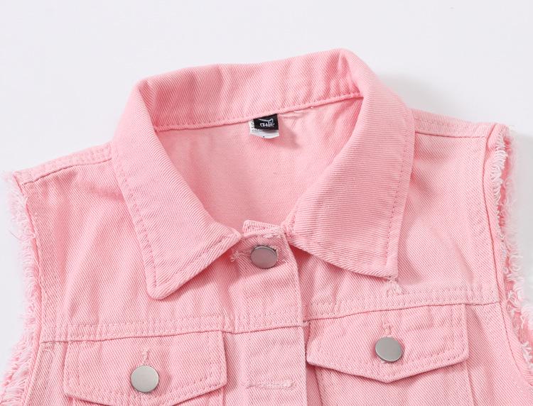 Women's Pink Frayed Denim Vest - Multicolor, Slim Fit, Sleeveless, Ripped Design for Spring/Summer