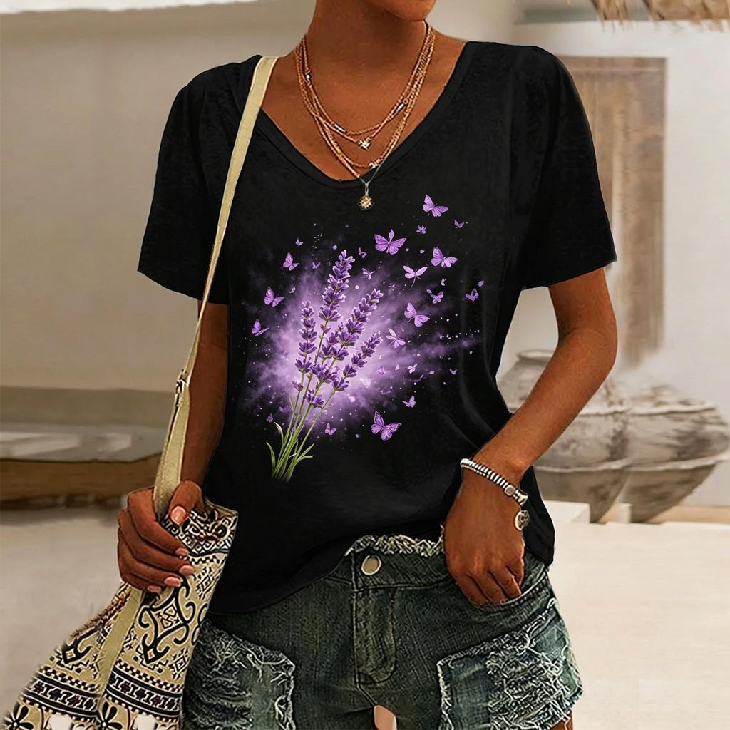 Women's Sunflower Print V-Neck T-Shirt, Casual Short Sleeve Tops,Bright Floral Daily Wear for Spring & Summer