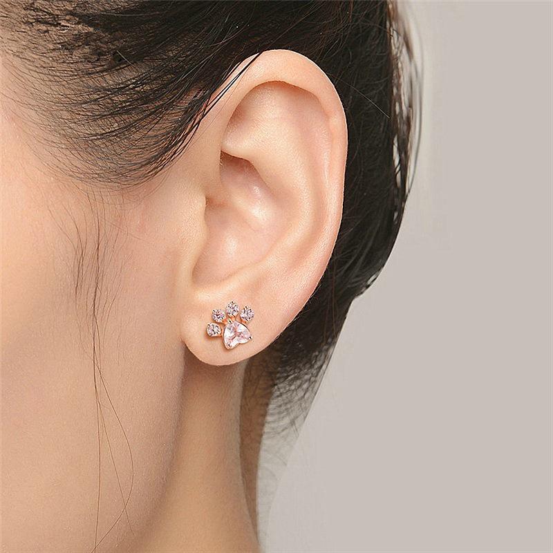 Rose Gold Zircon Cat Paw Earrings: Cute, Unique Design