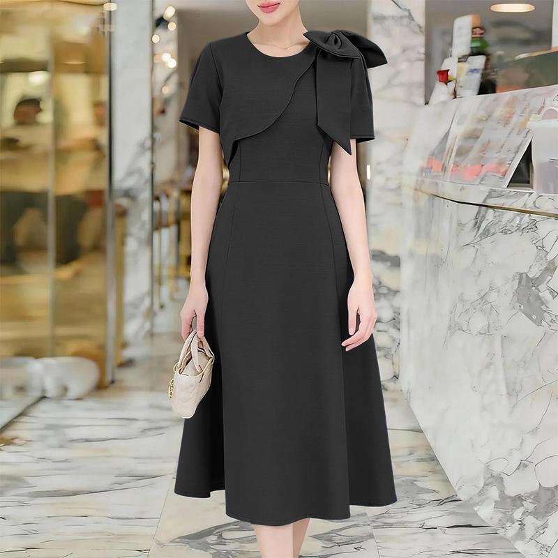 ZANZEA Women Bows Splice Casual Round Neck Elegant Short Sleeve Dress S чёрный