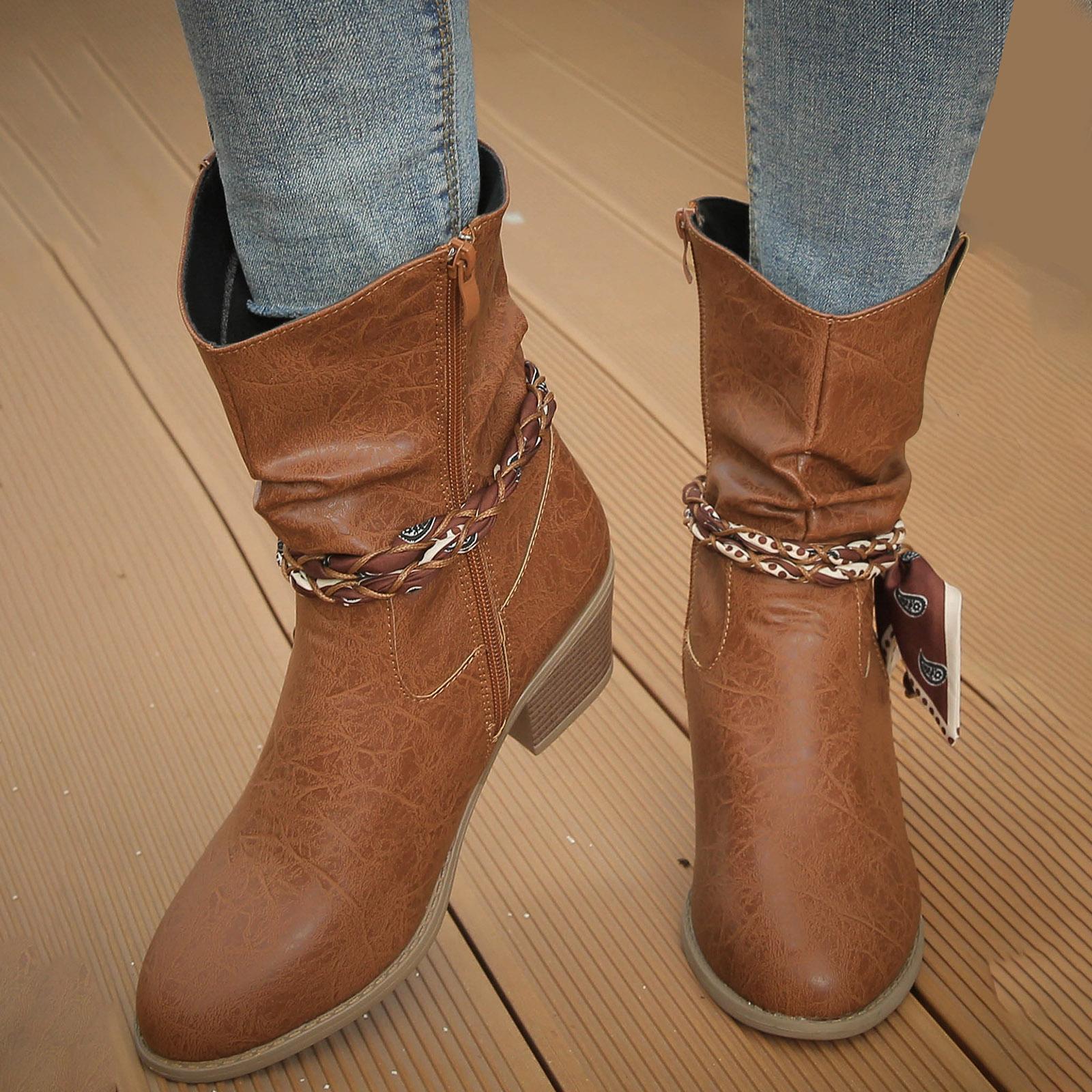Women s Fashion Retro Thick Heel Lace Up Western Mid Calf Boots Socks Women Mid Calf 36