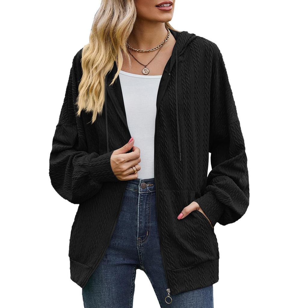 Spring and Autumn Women's Jacket Solid Color Pocket Long Sleeve Loose Hooded Sweatshirt Women Jacket