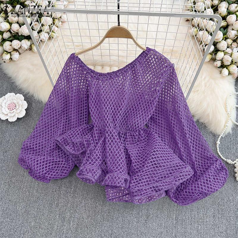 ZANZEA Elegante Off-Shoulder-Trompete-Langarm-Taille Hohlblusen für Frauen