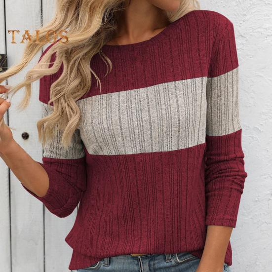 Dámské topy s kulatým výstřihem, dlouhým rukávem, barevný blok, žebrované pletací topy, volný střih, ležérní, svetrové topy, denní nošení