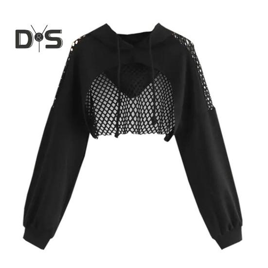 

Женская толстовка с капюшоном, сетчатая, с капюшоном, с длинными рукавами, на талии, с завязками, однотонная, уличная, для клубной вечеринки, укороченный топ XL чёрный