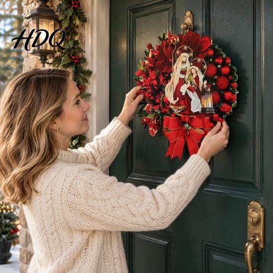 Artificial Holiday Wall Decor with Red Berries 2D Flat Wooden Nativity Christmas Wreath Little Jesus Holly Family Front Indoor Outdoor Mantel