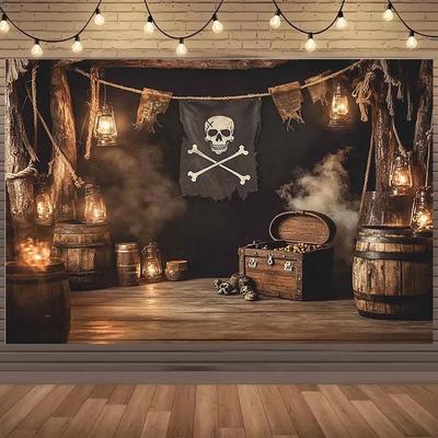 1 Pirate-themed Background Cloth - Skull and Bones, Treasure Chest, Bucket Lantern - Durable Polyester Material, Birthday Party
