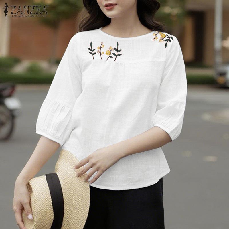 ZANZEA Chemisier ample à imprimé décontracté à col rond et manches 3/4 pour femmes