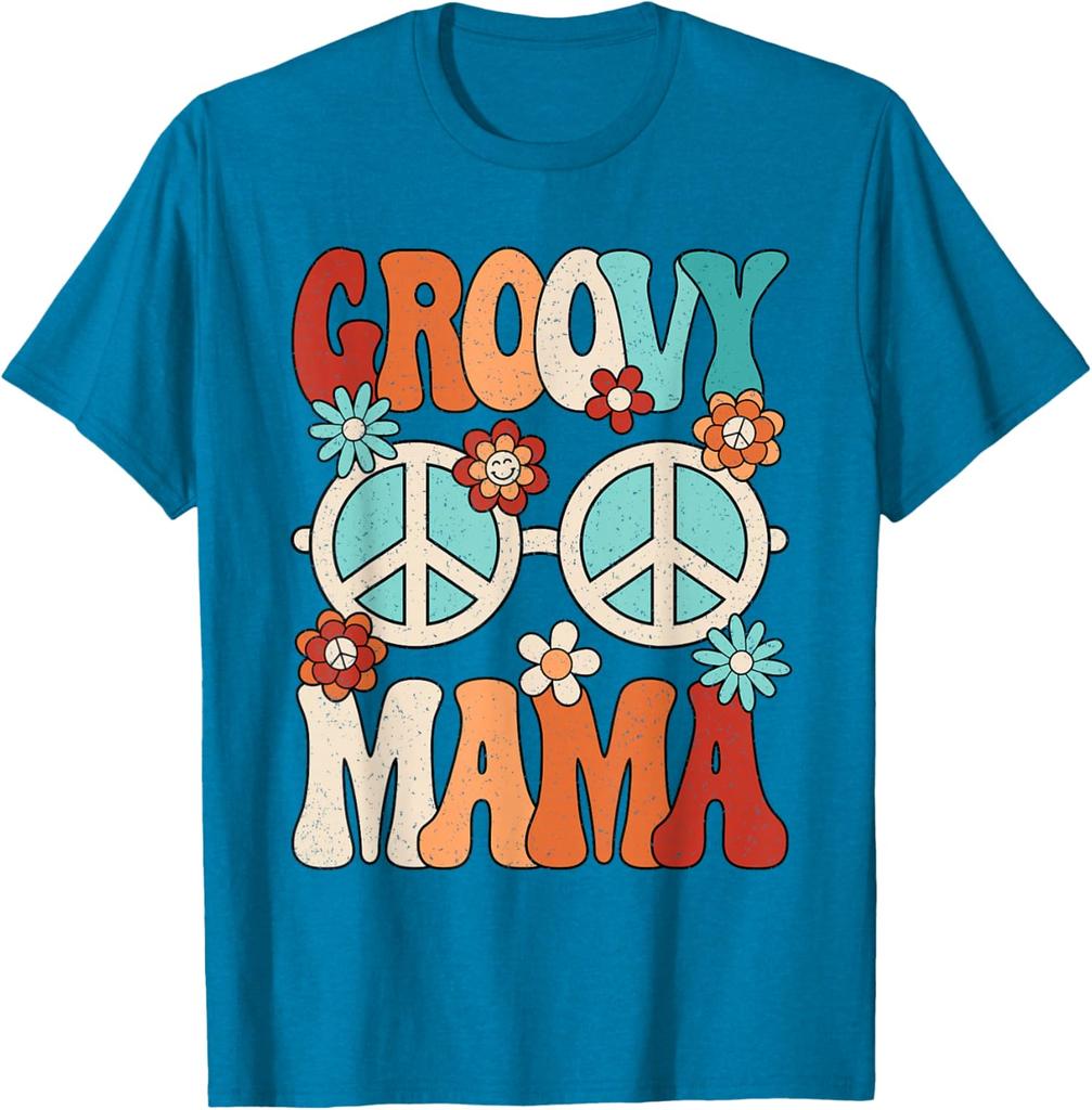 Groovy Mama Peace Sign Flowers Retro Hippie Graphic Tee Women's Casual Trip T-Shirt