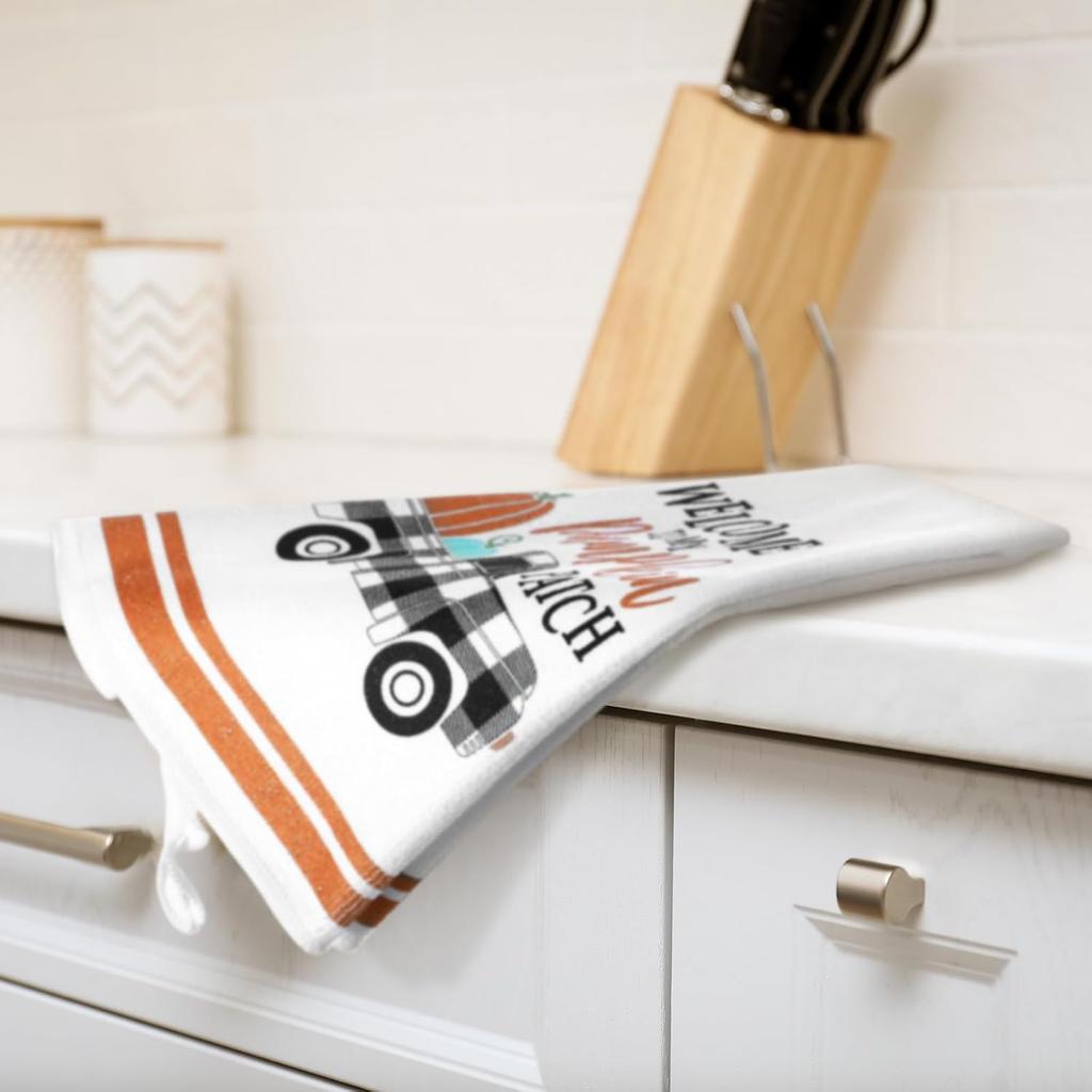 Hosuly 4 Pcs Fall Kitchen Towels Fall Dish Hand Tea Towels Pumpkin Buffalo Plaid Absorbent Fast Drying Dishcloths for Autumn Harvest Bathroom Decor