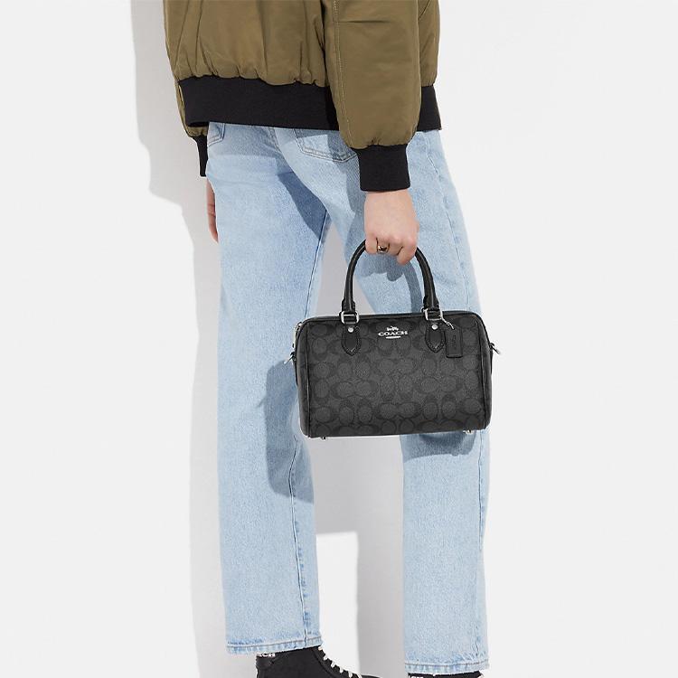 Coach Rowan 25 Klassische Monogramm Reißverschluss Beschichtetes Canvas und Leder Aktentasche Handtasche Schultertasche Umhängetasche Mittelgroße Damen Taschen Schwarz CH280-SVTSQ