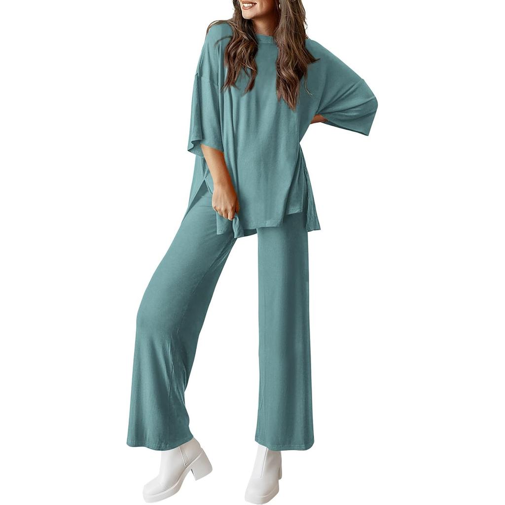 Completo Due Pezzi da Donna Moda Taglio Ampio Colore Unito Scollo Tondo Spacco Manica Corta Pantaloni Lunghi